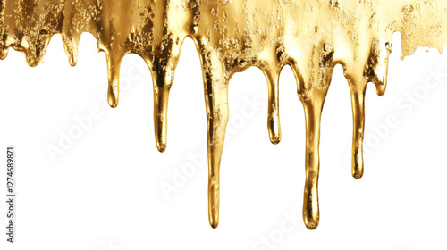 Fototapeta Naklejka Na Ścianę i Meble -  Melted gold paint dripping down on a transparent background, creating a luxurious and elegant design element