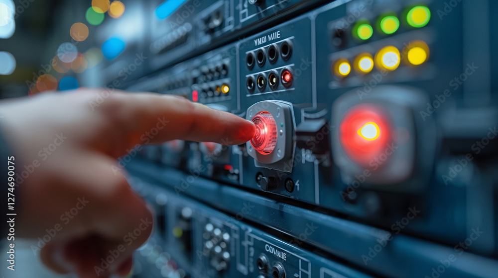 hand presses a button on the control panel, which glows with a yellow light, hand presses a button on the control panel, which glows with a yellow light,