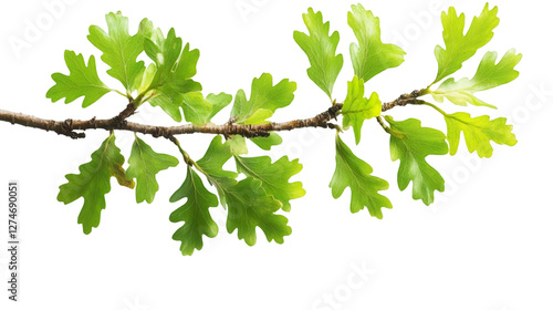 Close-up of an oak branch with vibrant green leaves, isolated on a transparent background, perfect for nature-themed designs