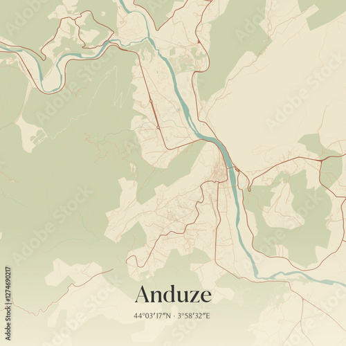 Vintage map of Anduze, France.