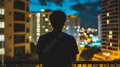 Back View of a man on a balcony at night