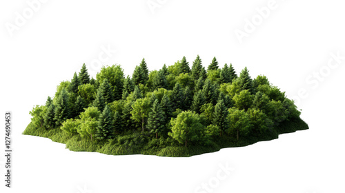 Green forest landscape rendered digitally, showcasing dense woodland terrain with transparent background, ideal for design and architectural projects