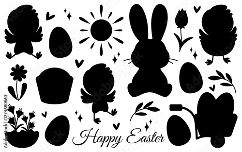 Cute Easter set. Set of black Easter silhouettes with festive elements: bunny, chicks, Easter eggs, flowers, tulips, basket, sun, leaves, and decorative ornaments. Happy Easter inscription.