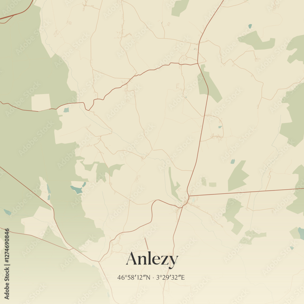 Fototapeta premium Vintage map of Anlezy, France.