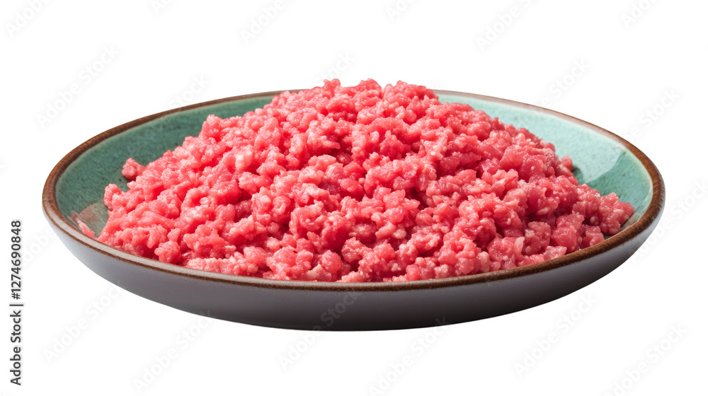 Plate full of fresh ground beef, perfect for various culinary preparations, isolated on transparent background Plate full of fresh ground beef, perfect for various culinary preparations, isolated on transparent background