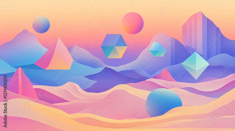 Abstract geometric shapes float in vibrant gradient colors against a dreamy background in a surreal digital landscape. Floating Prism Landscapes. Illustration Abstract geometric shapes float in vibrant gradient colors against a dreamy background in a surreal digital landscape. Floating Prism Landscapes. Illustration