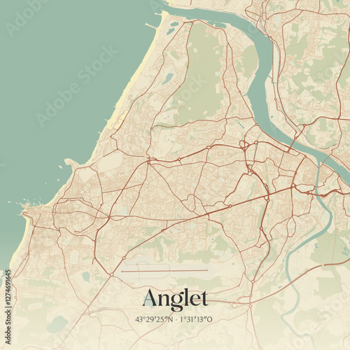 Vintage map of Anglet, France.