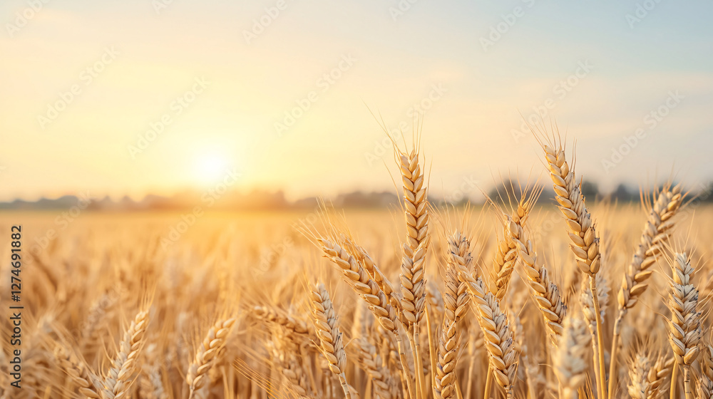 Fototapeta premium Golden Wheat Field at Sunset with Ripe Crops for Harvest Agriculture Land Summer Background