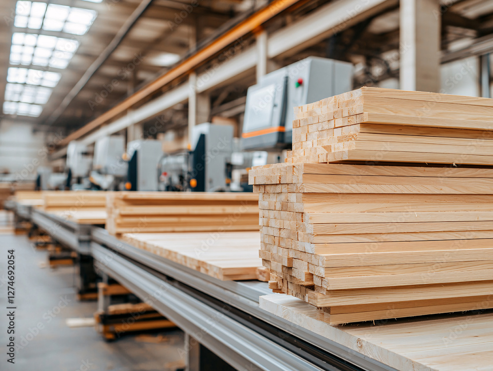 Obraz premium Lumber Processing and Stacking on Automated Conveyor System in a Woodworking Factory