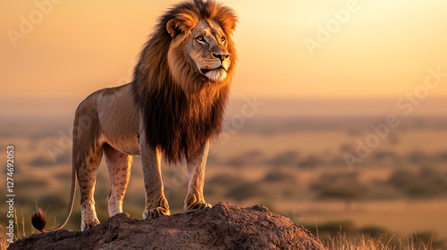 Male Lion Standing Tall on Rocky Outcrop with Golden Sunrise at African Savannah Wildlife Preserve photo