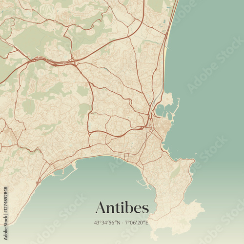 Vintage map of Antibes, France.