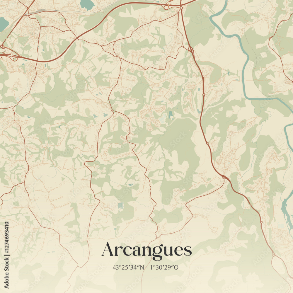 Fototapeta premium Vintage map of Arcangues, France.