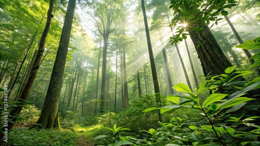 Fototapeta premium Serene Misty Tropical Rainforest with Tall Green Trees and Sunlight Filtering Through