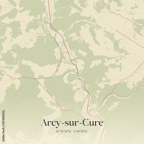 Vintage map of Arcy-sur-Cure, France.