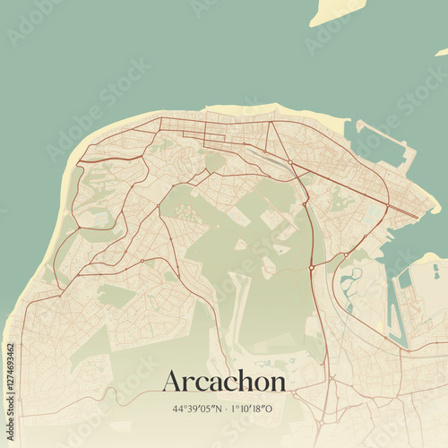 Vintage map of Arcachon, France.