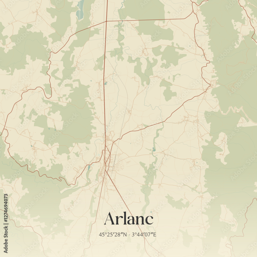 Fototapeta premium Vintage map of Arlanc, France.