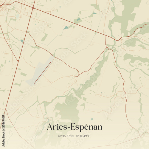 Vintage map of Aries-Espénan, France.