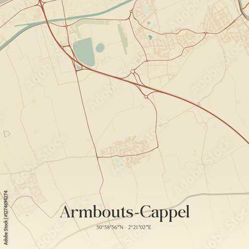 Vintage map of Armbouts-Cappel, France.