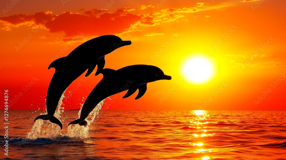 Two dolphins jumping out of the water at sunset Two dolphins jumping out of the water at sunset