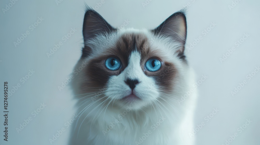 Blue-eyed ragdoll cat with fluffy white fur and striking markings in soft light Blue-eyed ragdoll cat with fluffy white fur and striking markings in soft light