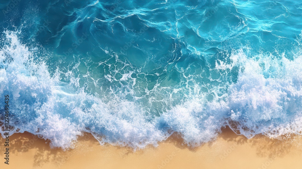 Turquoise ocean waves crashing on sandy beach creating foamy patterns Turquoise ocean waves crashing on sandy beach creating foamy patterns