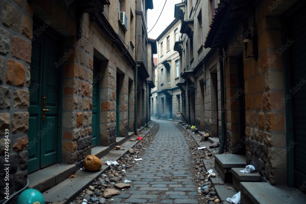 Fototapeta Dark, gritty urban alleyway with worn stone walls and scattered trash, grunge, abandoned, night