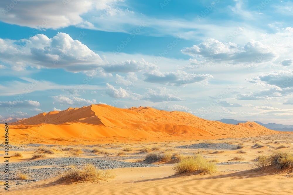 Expansive desert landscape showcasing vibrant orange dunes under a vast blue sky Expansive desert landscape showcasing vibrant orange dunes under a vast blue sky
