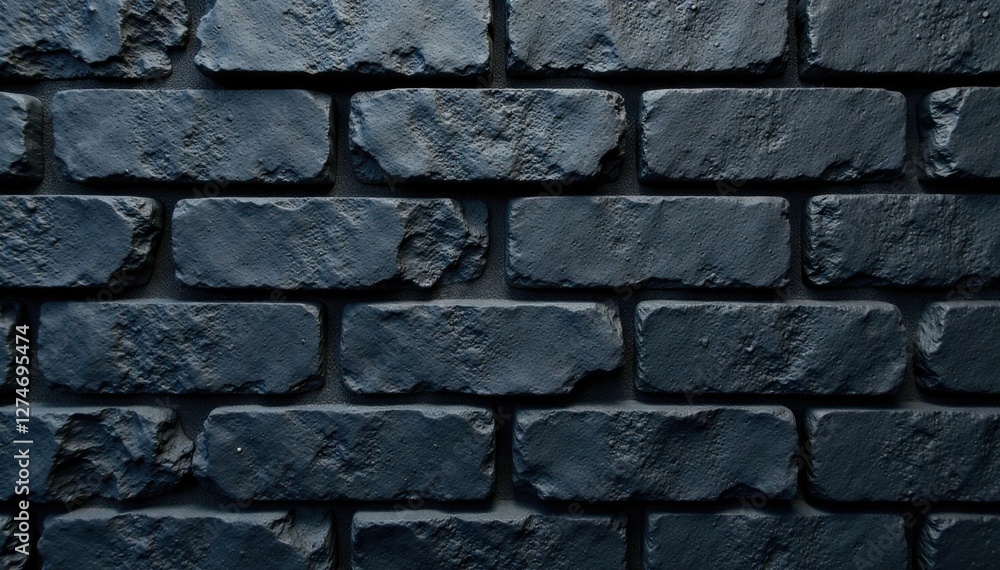 Fototapeta premium Dark grey bricks in a straight row with slight gaps between them, building, black brick wall, night