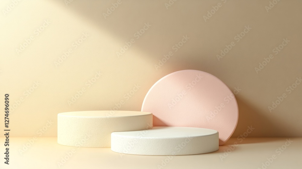 Geometric shapes forming an empty pastel podium with smooth shadows, light pink Geometric shapes forming an empty pastel podium with smooth shadows, light pink