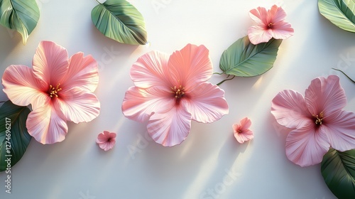 Pink hibiscus flowers on light background with shadows and green leaves