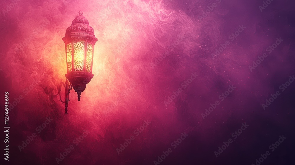 Obraz premium Glowing lantern in smoky night, mystical atmosphere, website banner