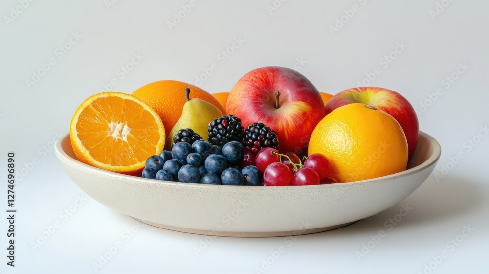 A colorful and healthy fruit bowl arrangement on a bright white background A colorful and healthy fruit bowl arrangement on a bright white background