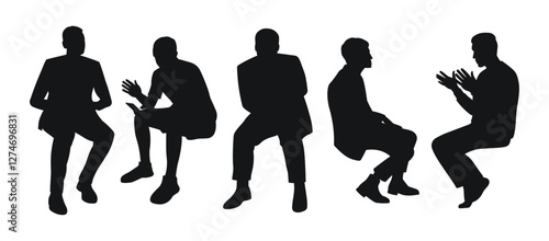 Silhouettes of men sitting on a chair and stool, a group of business people, black color on a transparent background