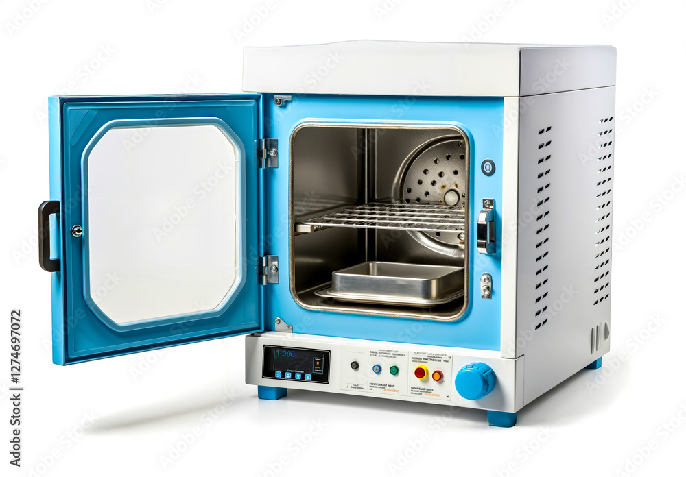 Fototapeta premium A blue and white oven with a door open on a white background