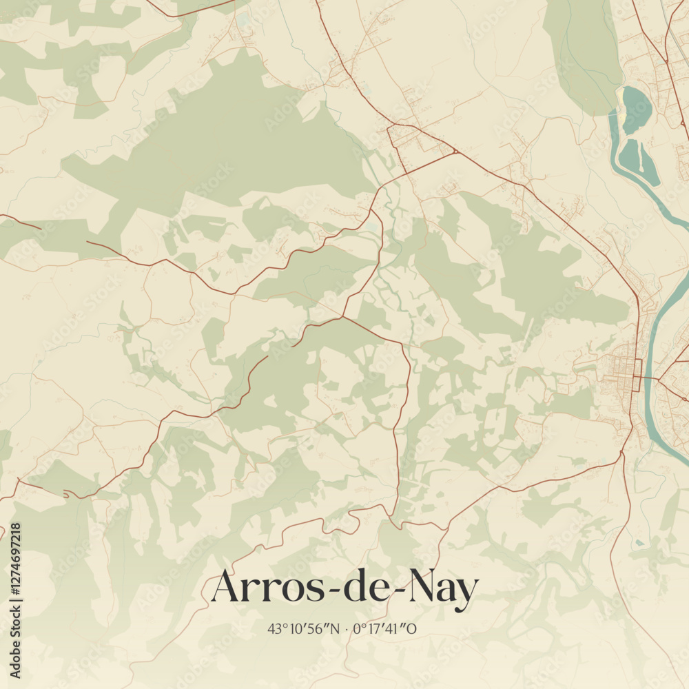 Fototapeta premium Vintage map of Arros-de-Nay, France.