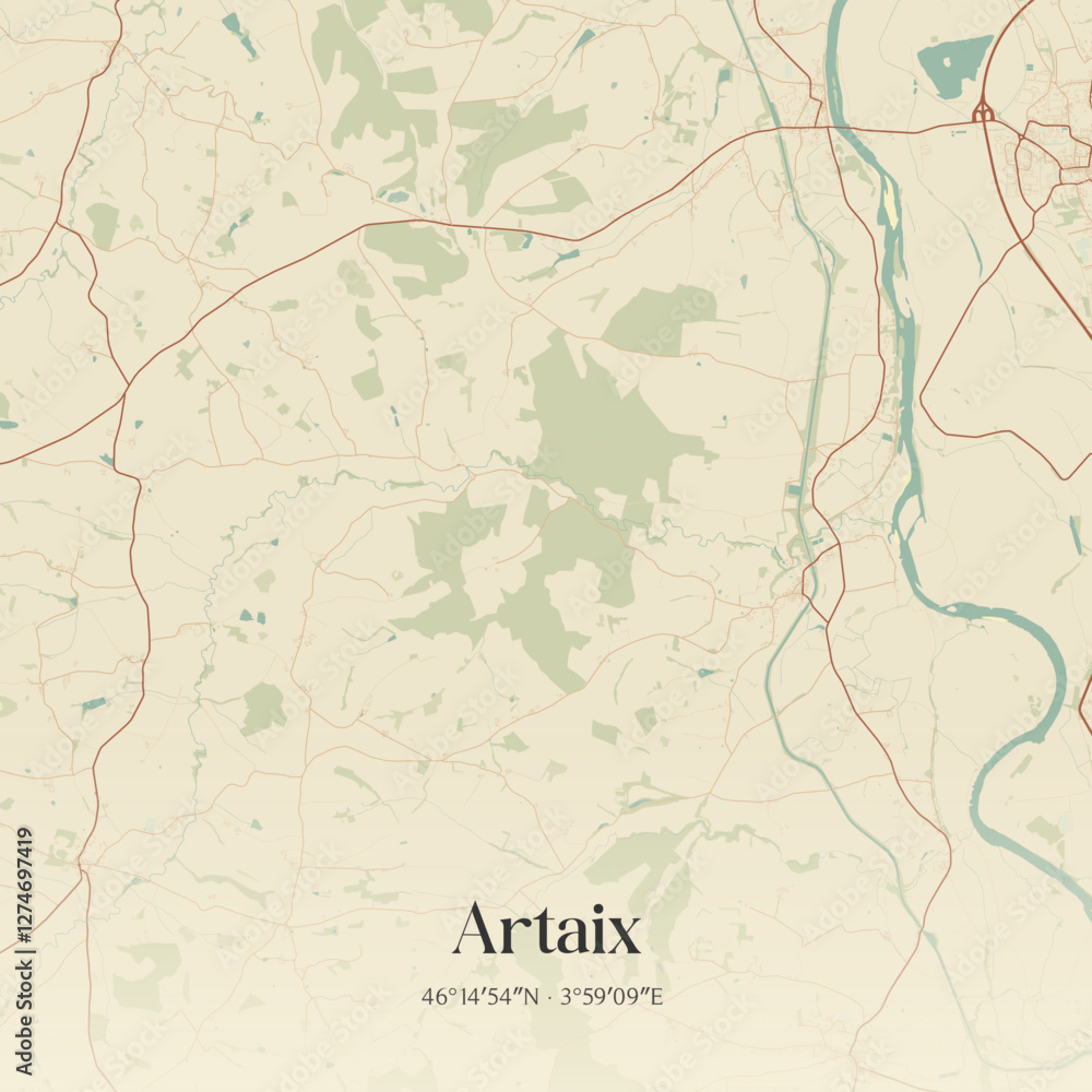 Fototapeta premium Vintage map of Artaix, France.