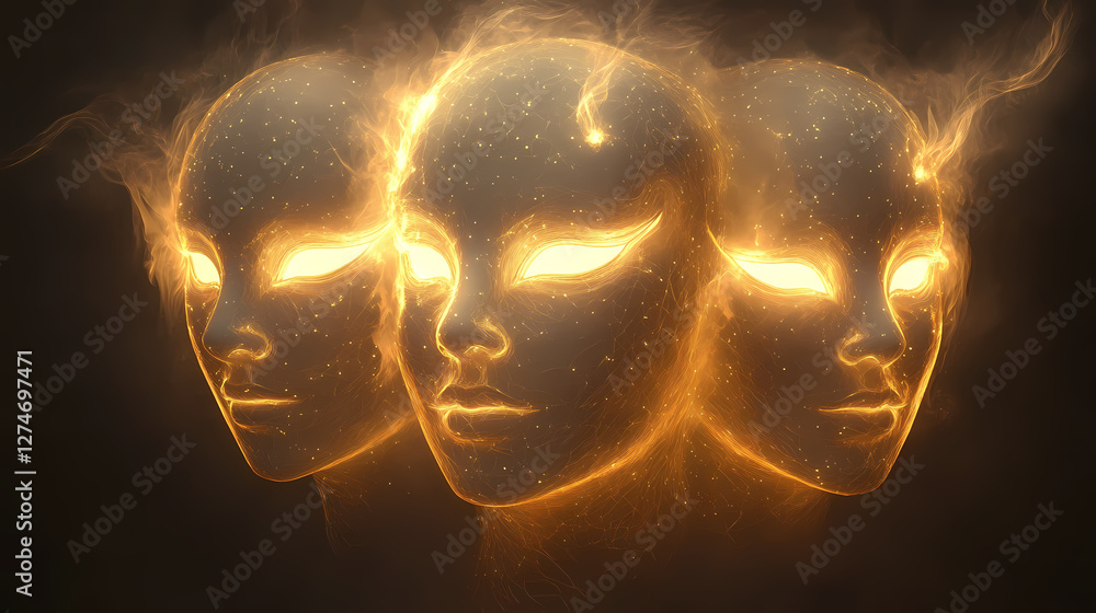 Obraz premium The masks would have a glowing, almost ethereal quality, with subtle light effects that make them feel alive and divine. each mask would emit its light. Glowing Ethereal Masks. Illustration