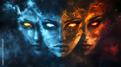 Triple goddess mystical fantasy portrait with glowing eyes and ethereal smoke. Glowing Ethereal Masks. Illustration photo