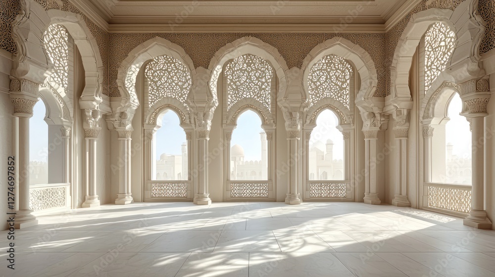 Fototapeta premium Sunlit Arabian palace balcony overlooking city