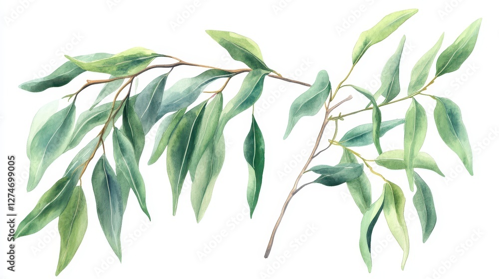 Obraz premium Watercolor eucalyptus branches with green leaves on white background
