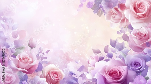 Pastel floral border with pink and purple roses on soft background