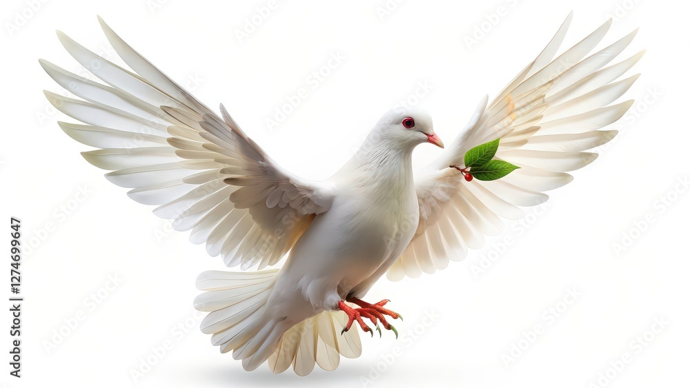 Fototapeta premium White Dove with Olive Branch on White Background