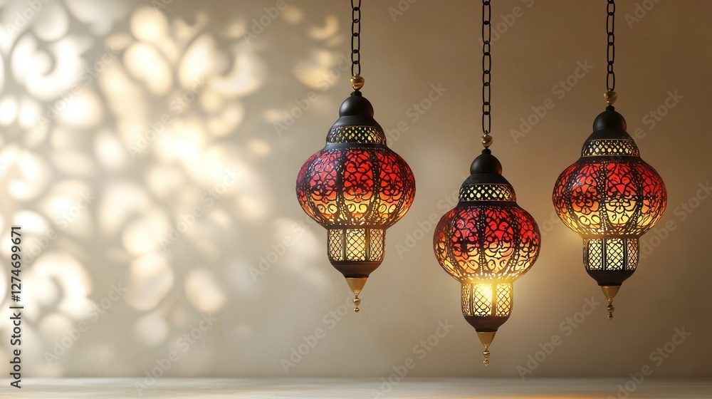Ramadan lanterns hanging, ornate design, warm light, patterned shadow, festive background Ramadan lanterns hanging, ornate design, warm light, patterned shadow, festive background