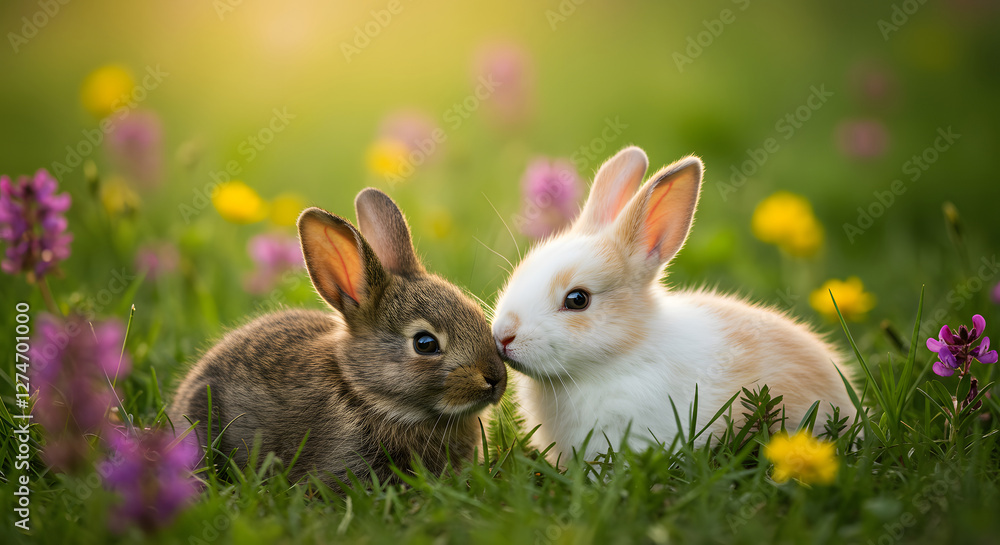 Two playful baby rabbits nestled together in a field of blooming wildflowers - Adorable Rabbits Among Vibrant Flowers on Grassy Field Two playful baby rabbits nestled together in a field of blooming wildflowers - Adorable Rabbits Among Vibrant Flowers on Grassy Field
