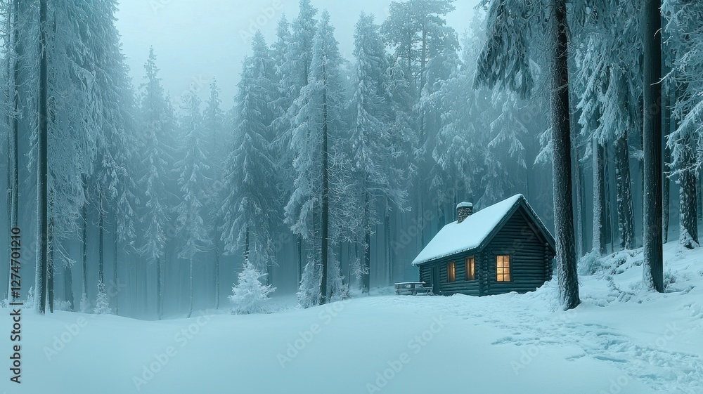 Naklejka premium Snowy cabin surrounded by tall trees in a tranquil winter landscape.