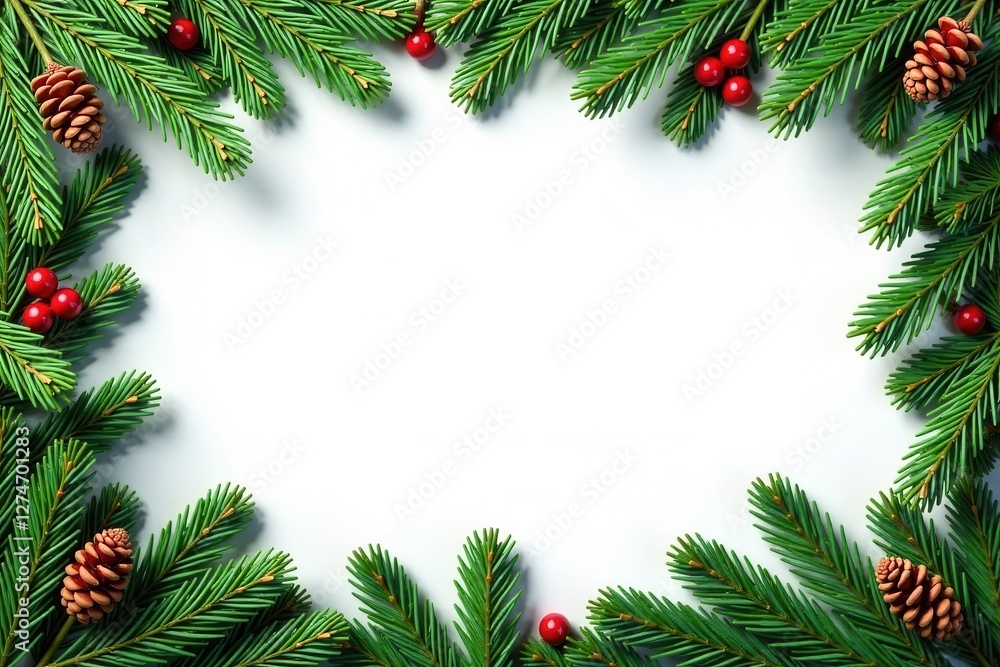 Dense fir branches intertwined with pine cones in a festive border design, rustic, tree Dense fir branches intertwined with pine cones in a festive border design, rustic, tree