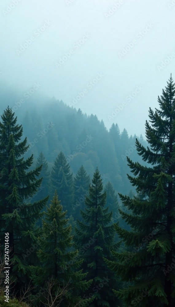 Fototapeta premium Dense fir forest under overcast sky with misty fog, nature, fir forest