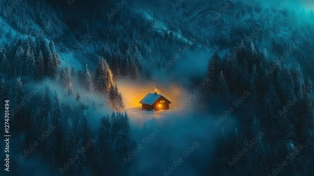 Fototapeta premium Cozy cabin glowing in foggy, snow-covered forest at night.