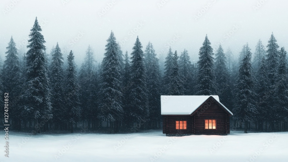 Cozy cabin in a snowy forest surrounded by tall evergreen trees. Cozy cabin in a snowy forest surrounded by tall evergreen trees.