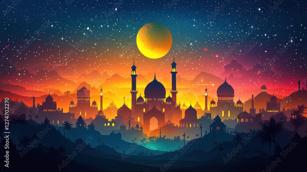 Obraz premium Night cityscape, Middle Eastern architecture, desert, moonlit sky, Ramadan greeting